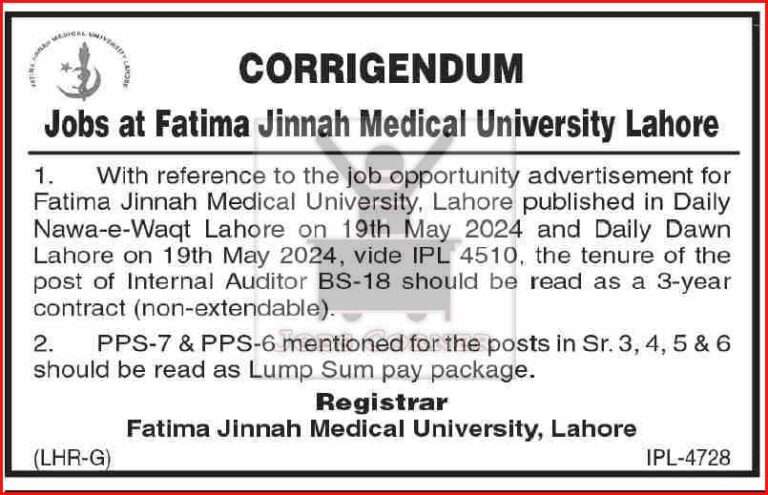 Job Positions at Fatima Jinnah Medical University (FJMU)