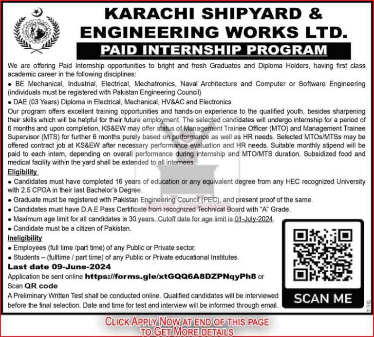 Karachi Shipyard and Engineering Works Paid Internship Program 2024