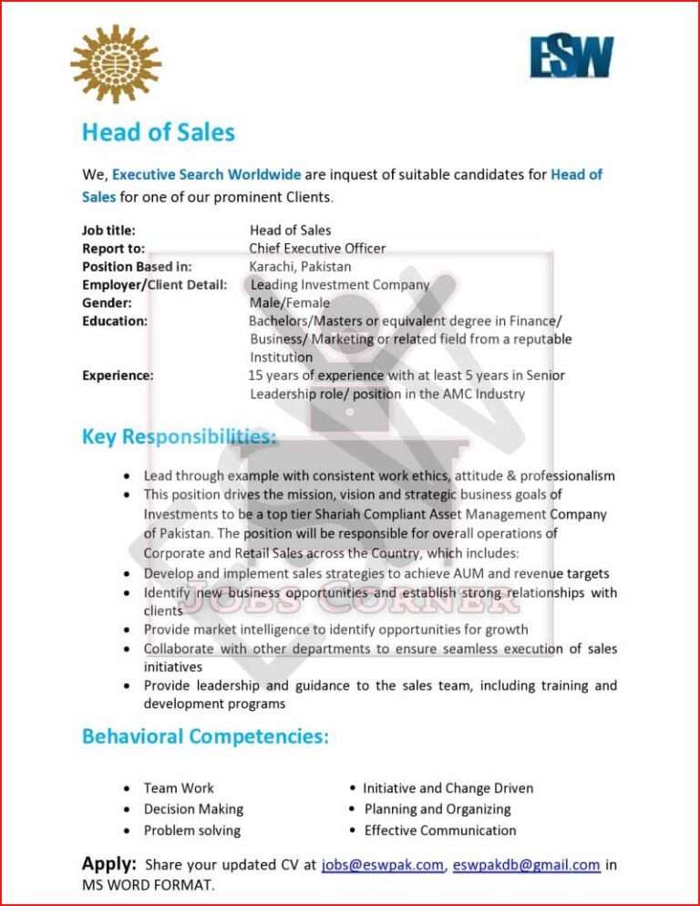 Job Opportunity: Head of Sales at Leading Investment Company