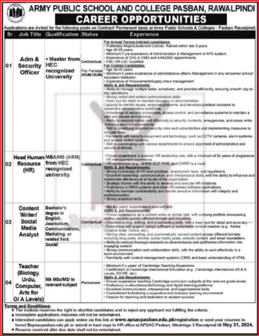 Teaching Positions Available at Army Public School & College Rawalpindi