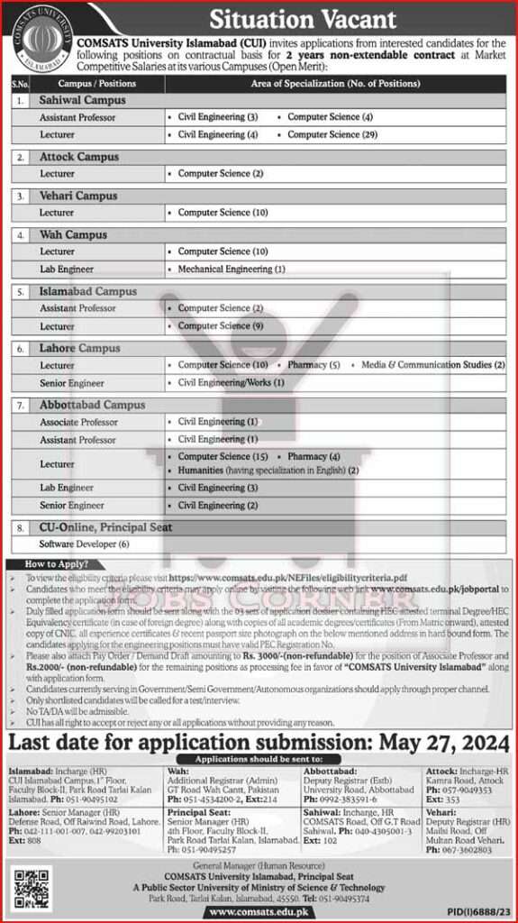 COMSATS University Jobs May 2024: Apply Online for Teaching Faculty, Lab/Senior Engineers & Software Developers
