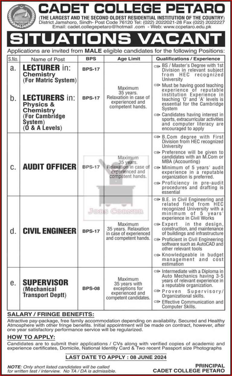 Cadet College Petaro Jobs 2024: Lecturers, Civil Engineer & More