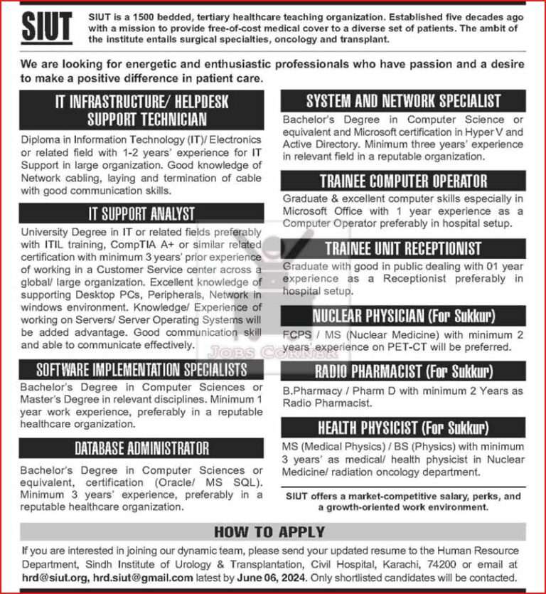 SIUT Hospital Karachi Jobs May 2024: Latest Opportunities for Trainee Computer Operator, Receptionist & More