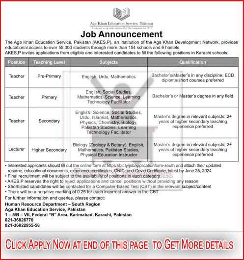 Aga Khan Education Service Karachi Jobs June 2024 - Apply Online for Teachers & Lecturers
