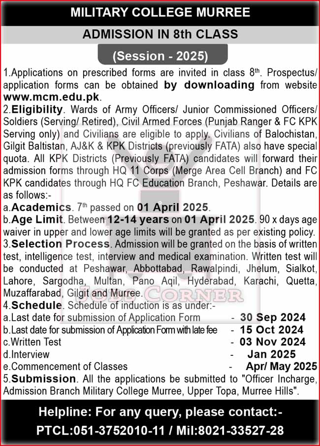 Military College Murree Admission for 8th Class 2024-2025 - Application Form Download