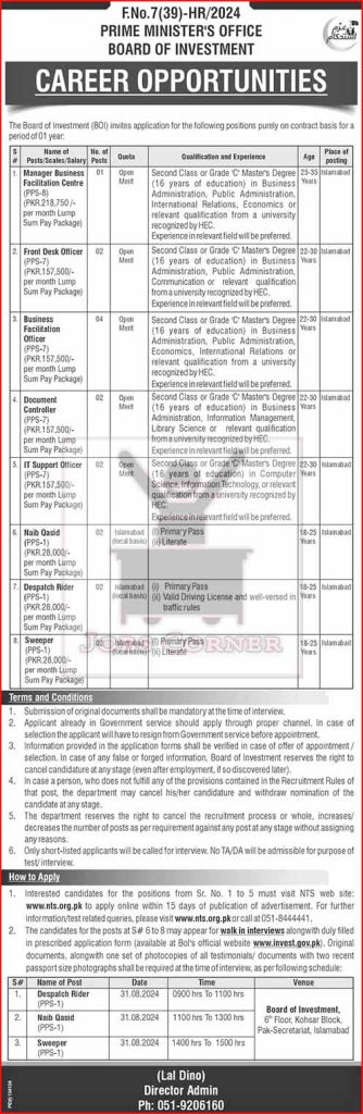 Board of Investment Islamabad Jobs August-September 2024 - Apply Online via NTS