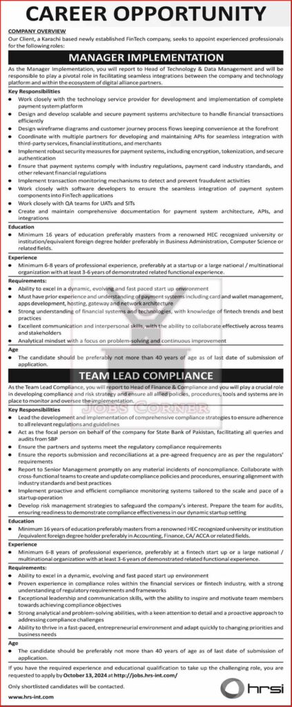 HRSI Pakistan Jobs September 2024 – Apply Online for Manager Implementation & Team Lead Compliance
