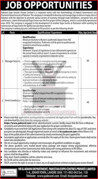 Pakistan Expo Centres Pvt Ltd Jobs September 2024 - Apply for Security Manager & Event Coordinator
