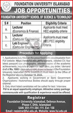 Foundation University Islamabad Jobs: September 2024