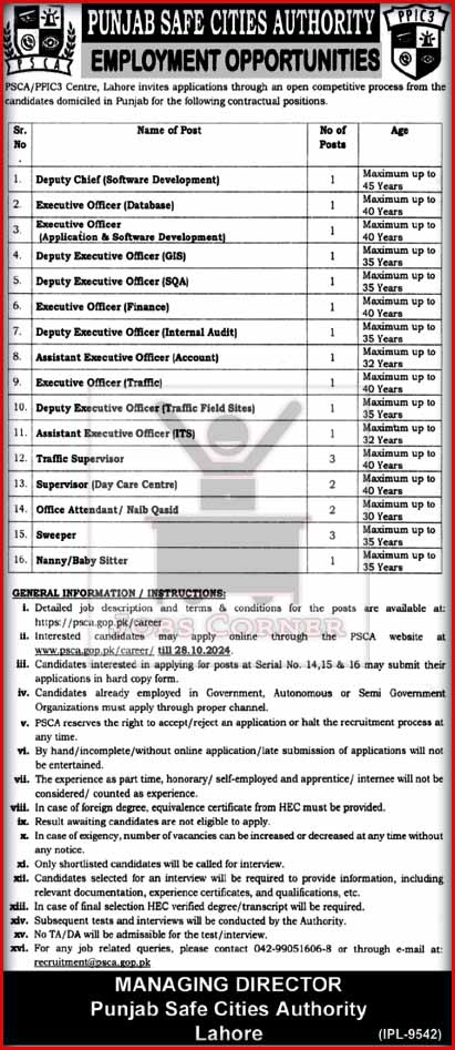 Punjab Safe Cities Authority Jobs October 2024 - Apply Now for Traffic Supervisors & More