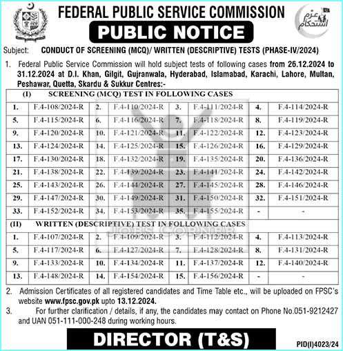 FPSC Written and MCQ Test Schedule December 2024 – Roll Number Slips and Syllabus