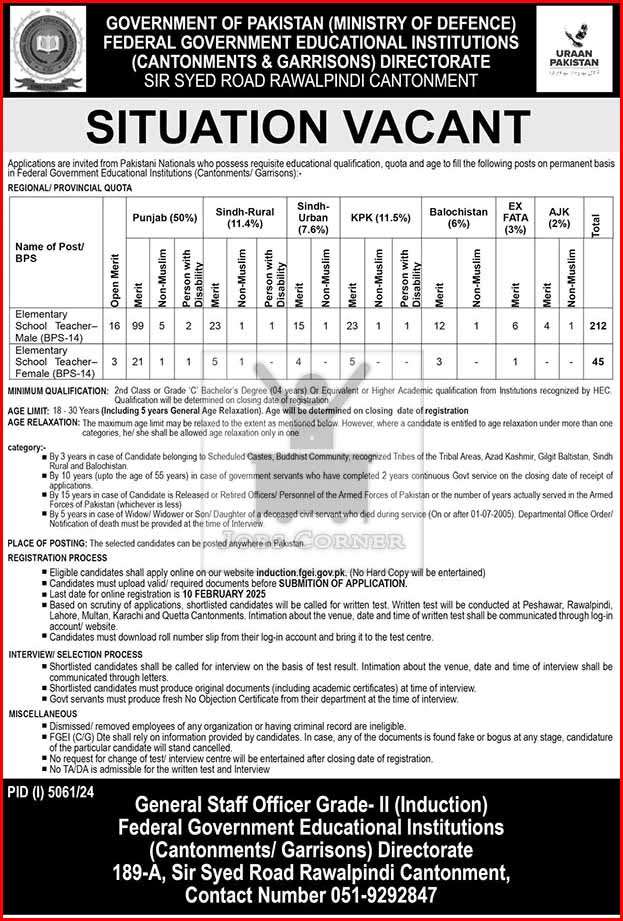 Federal Government Educational Institutions (FGEI) Jobs 2025: Elementary School Teachers Vacancies